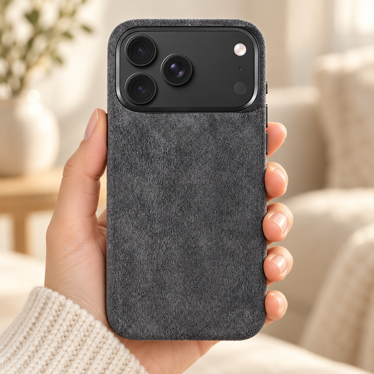 Charcoal Grey suede-look textured iPhone case held in a hand against a softly lit cream interior.