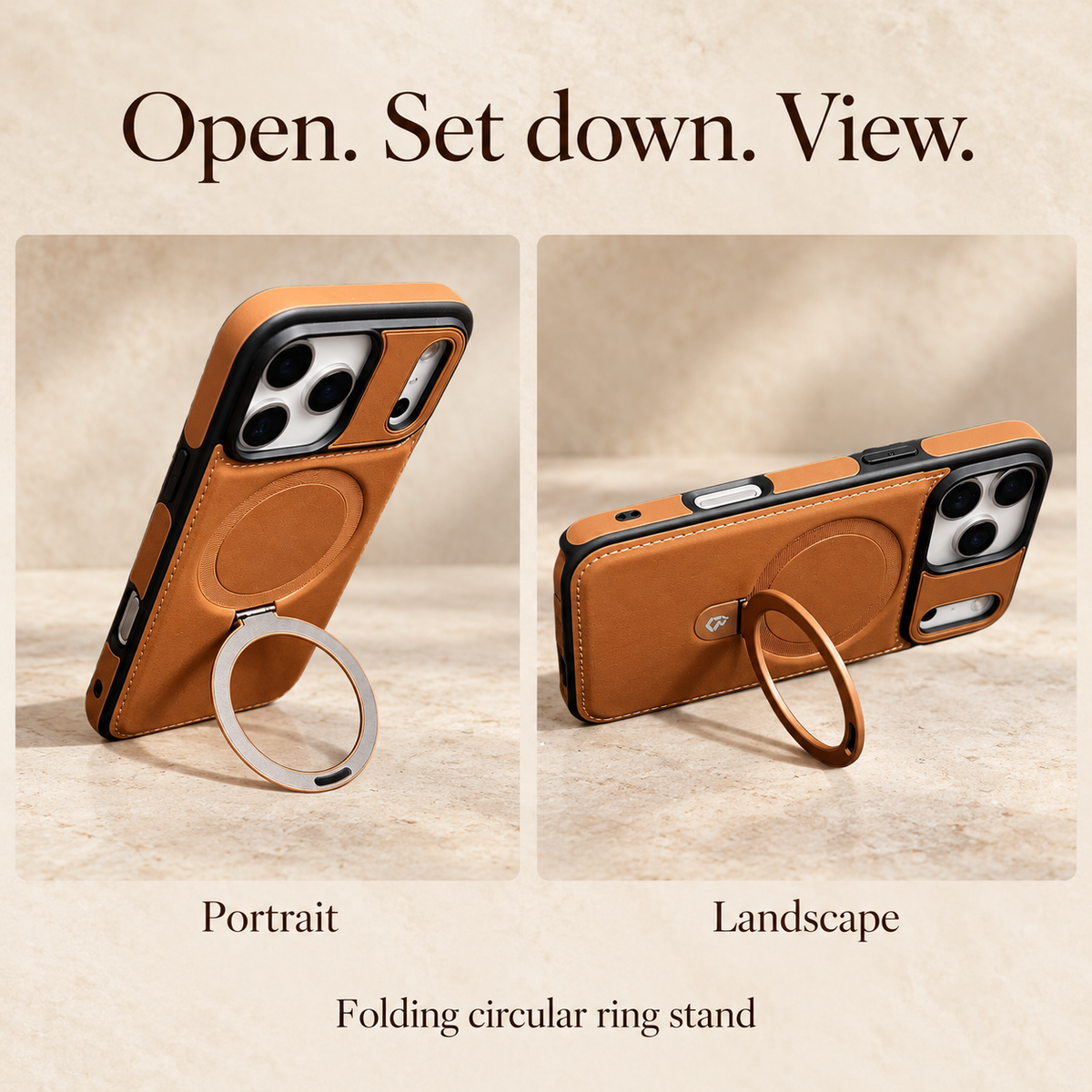 Tan ring-stand case shown in the source-supported portrait and landscape stand positions in two labelled photographs.
