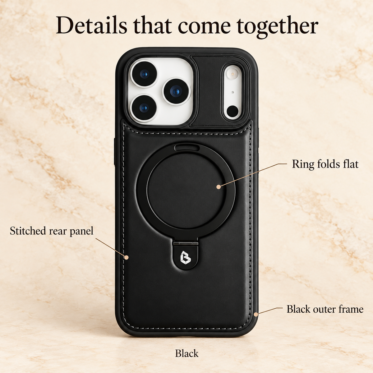 Black ring-stand case with direct callouts for its folded ring, stitched rear panel and contrasting frame.