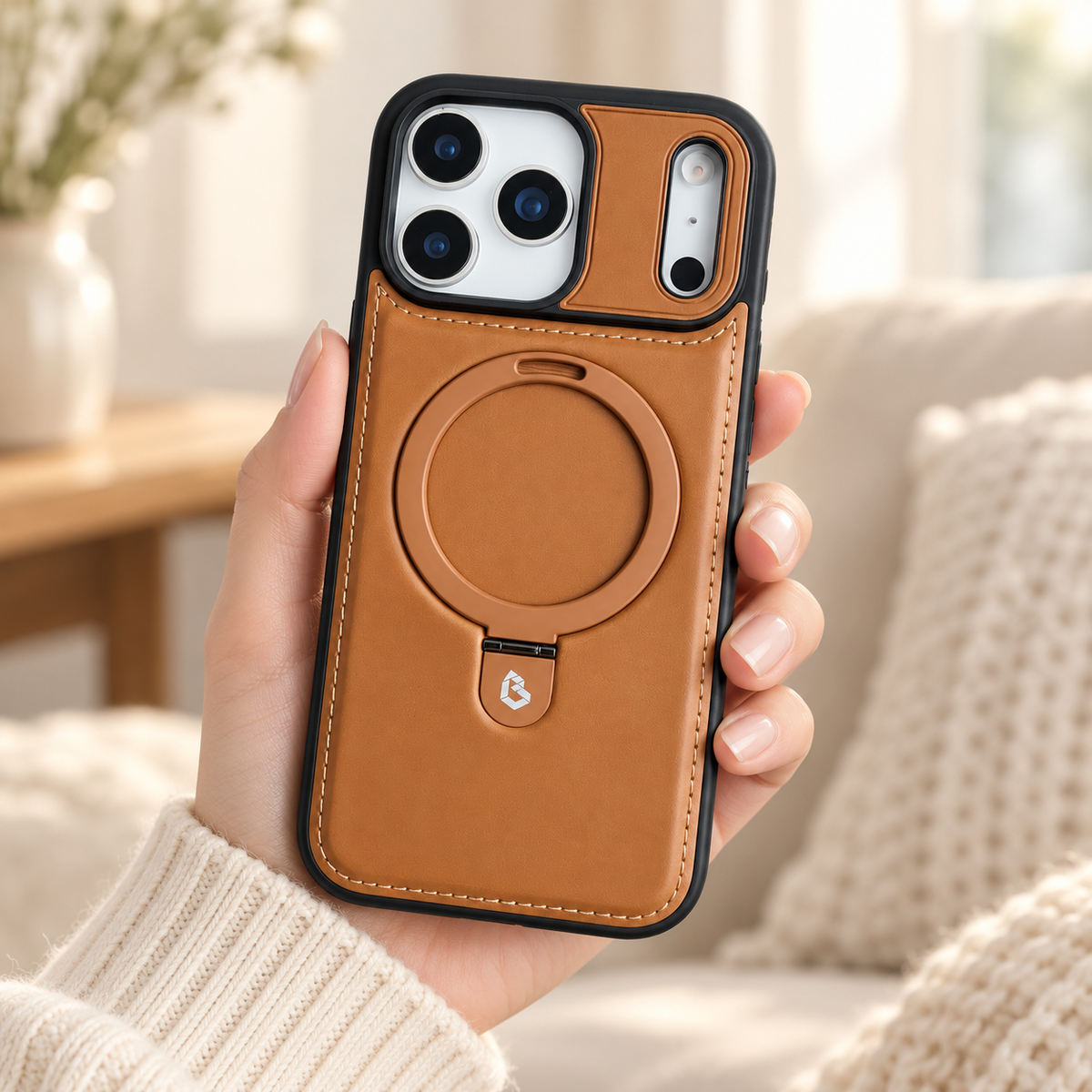 Tan stitched ring-stand case held in a hand against a softly lit cream interior, with the ring folded flat.