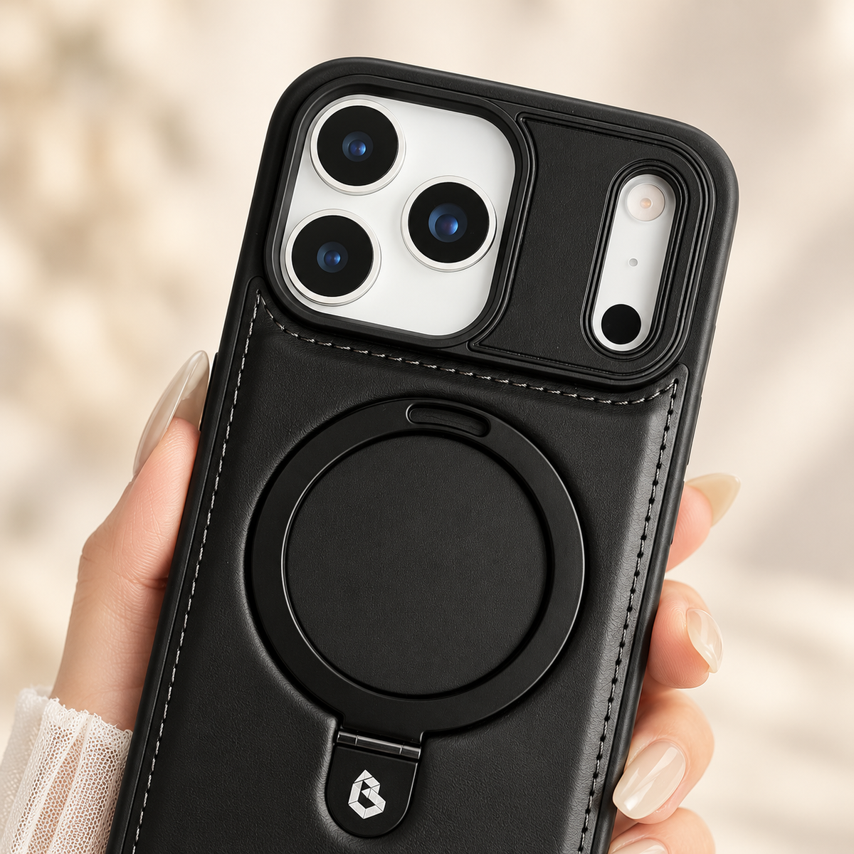 Black stitched ring-stand iPhone case in a close view of its native camera surround and rear finish.