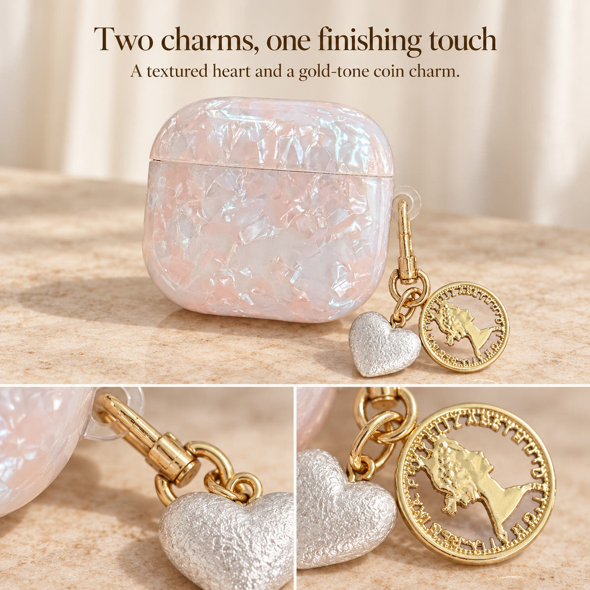Opal Marble AirPods Case: A textured heart and a gold-tone coin charm.
