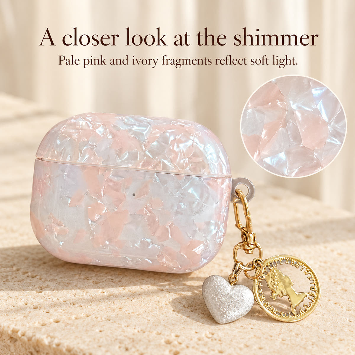 Opal Marble AirPods Case: Pale pink and ivory fragments reflect soft light.