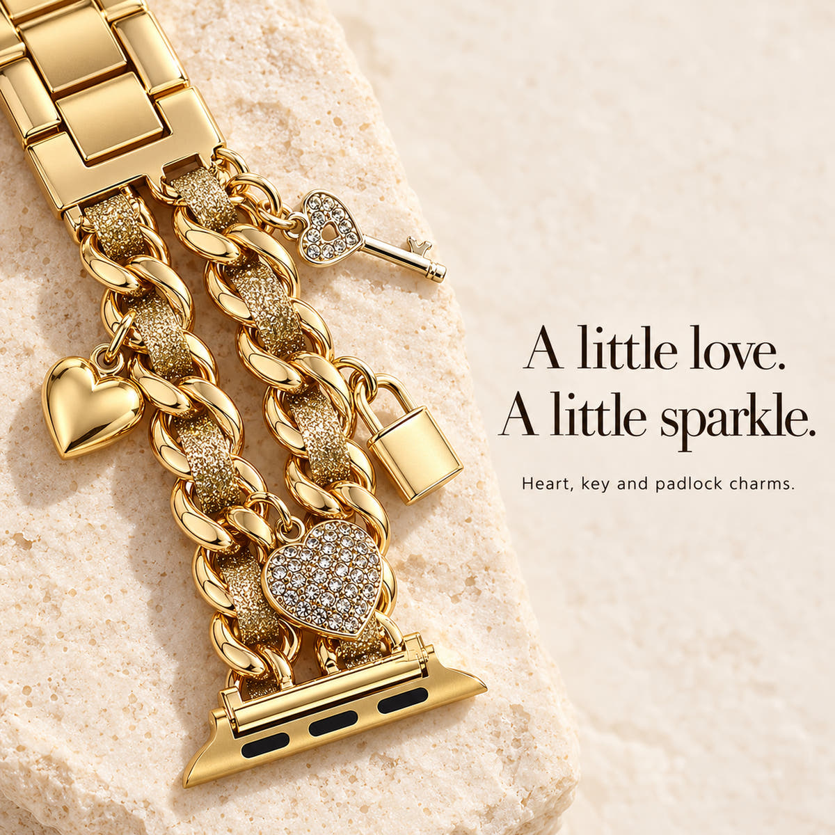 Oskar Hill Amorette Apple Watch charm band — close-up of the original charm motifs