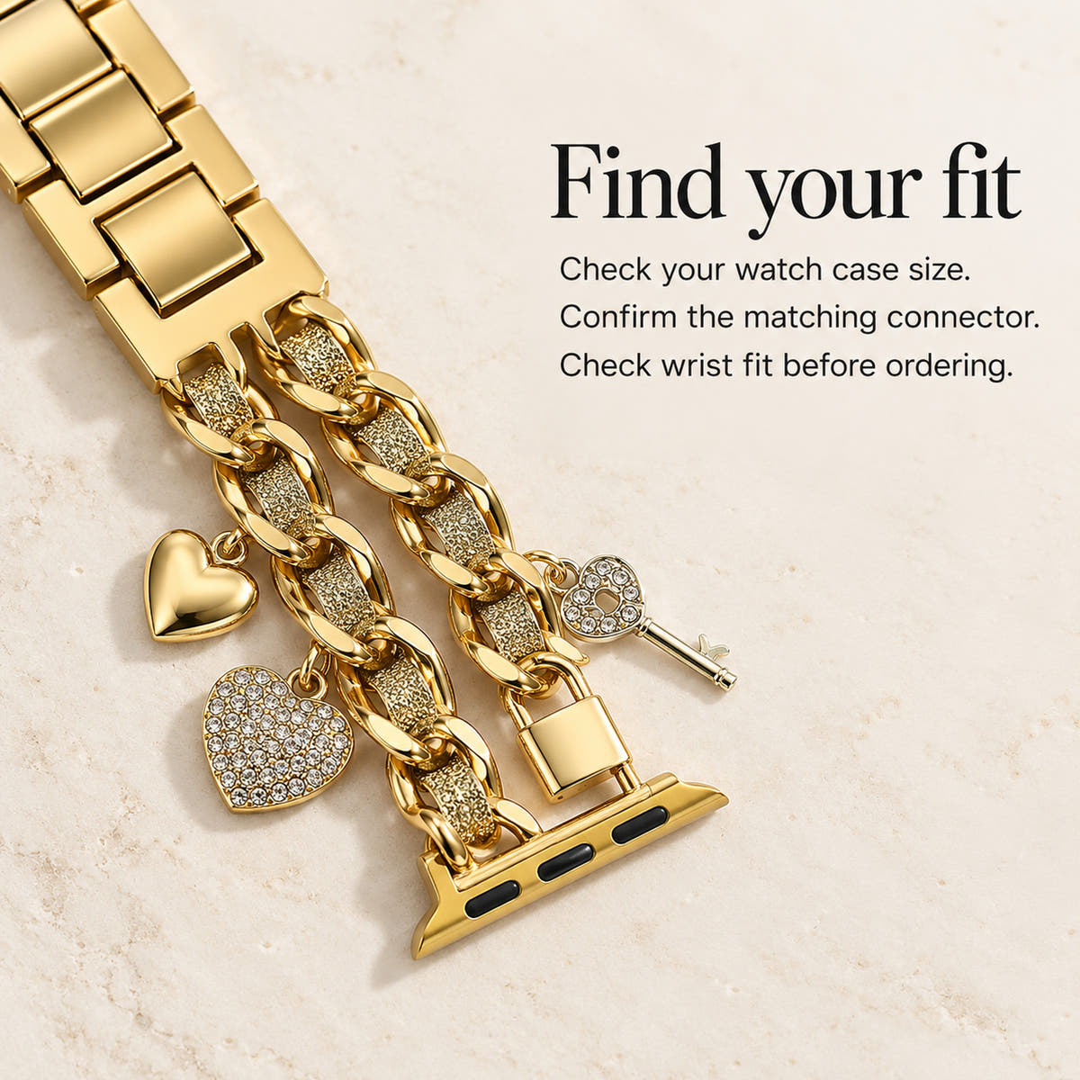Oskar Hill Amorette Apple Watch charm band — connector detail with watch and wrist fit reminders