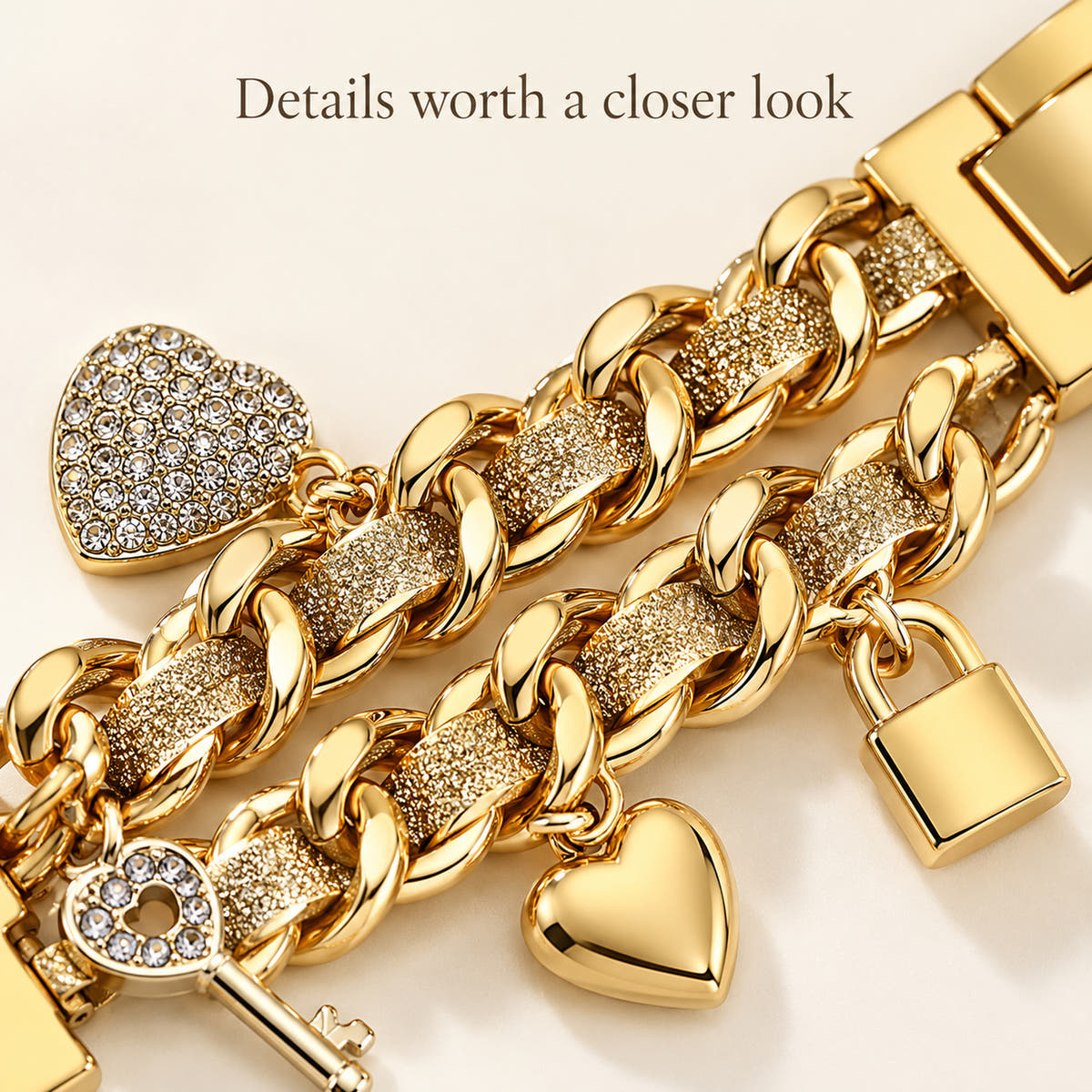 Oskar Hill Amorette Apple Watch charm band — macro view of the double-chain texture and threaded accents