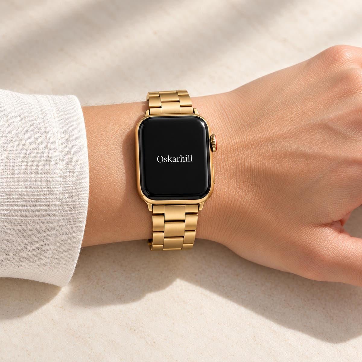 Oskar Hill Florence Gold Flat Link Apple Watch Band — correctly fitted band on wrist