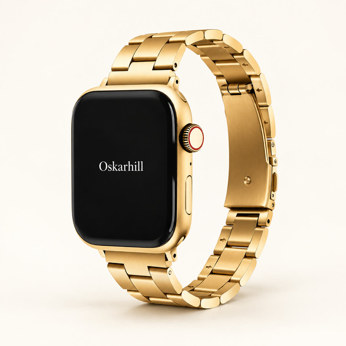 Oskar Hill Florence gold flat link Apple Watch band — full bracelet view