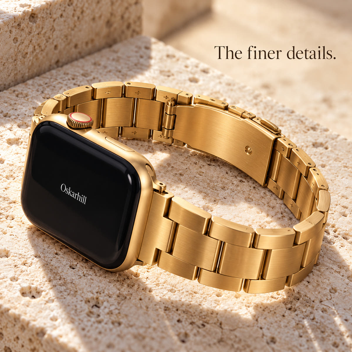 Oskar Hill Florence gold flat link Apple Watch band — reverse band detail