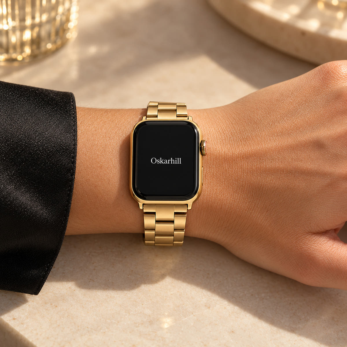 Oskar Hill Florence Gold Flat Link Apple Watch Band — evening wrist styling with correct band fit