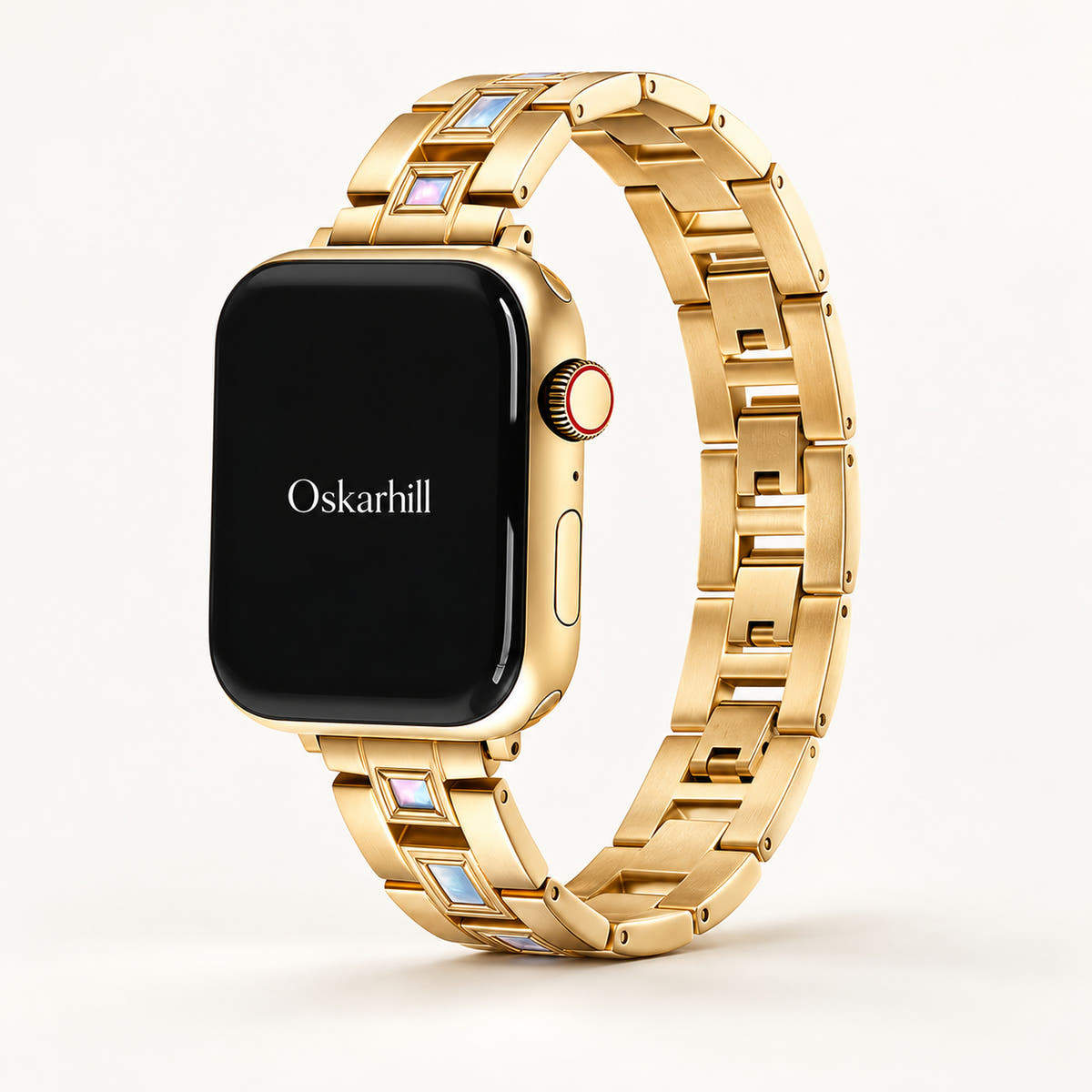 Oskar Hill Seraphine gold iridescent link Apple Watch band — full bracelet view