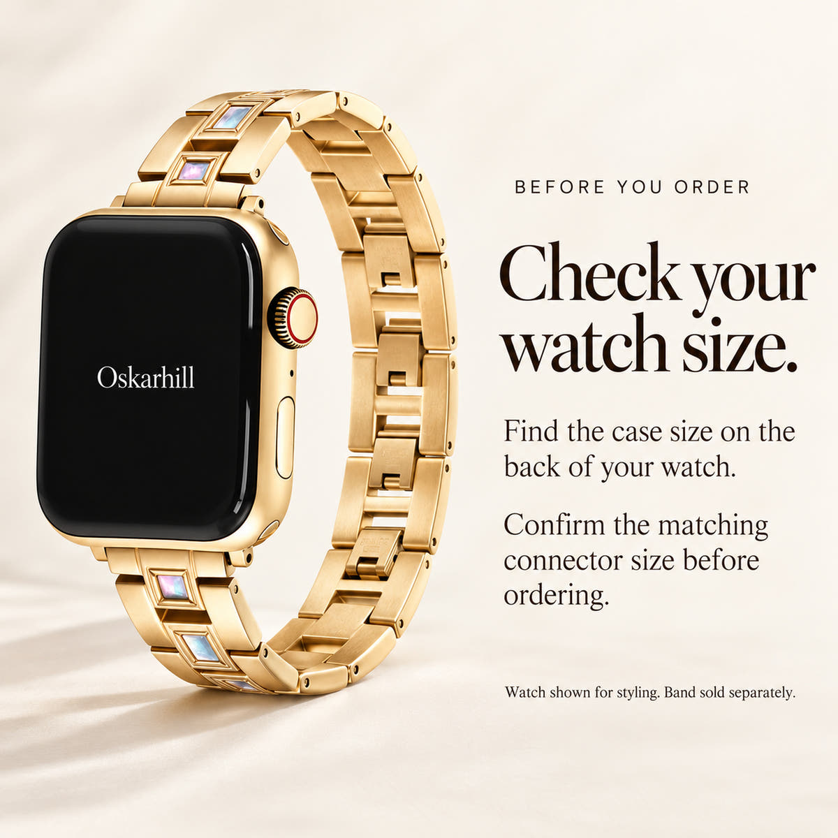 Oskar Hill Seraphine gold iridescent link Apple Watch band — case-size checking guide