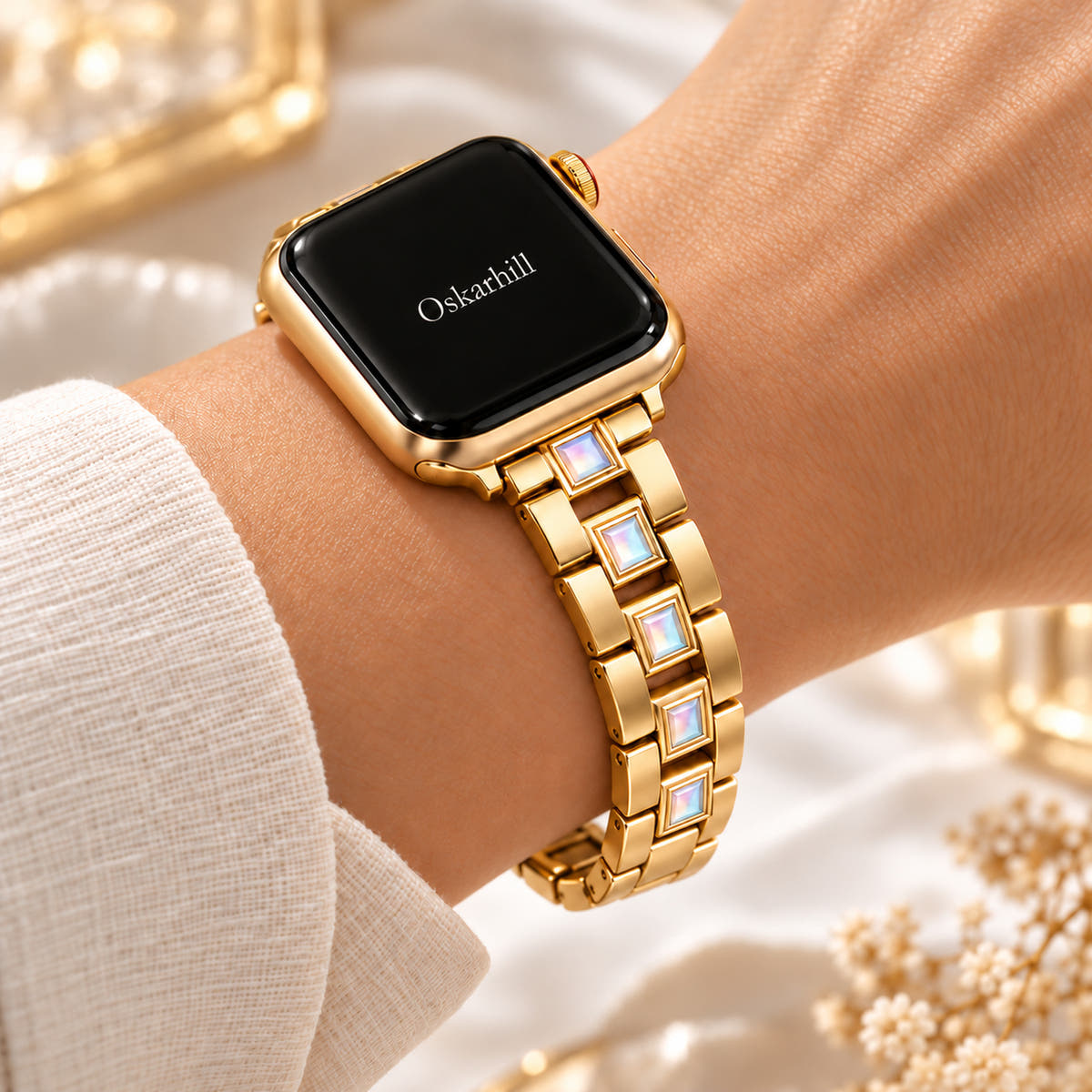 Oskar Hill Seraphine Gold Iridescent Link Apple Watch Band on a feminine wrist, side view showing the links