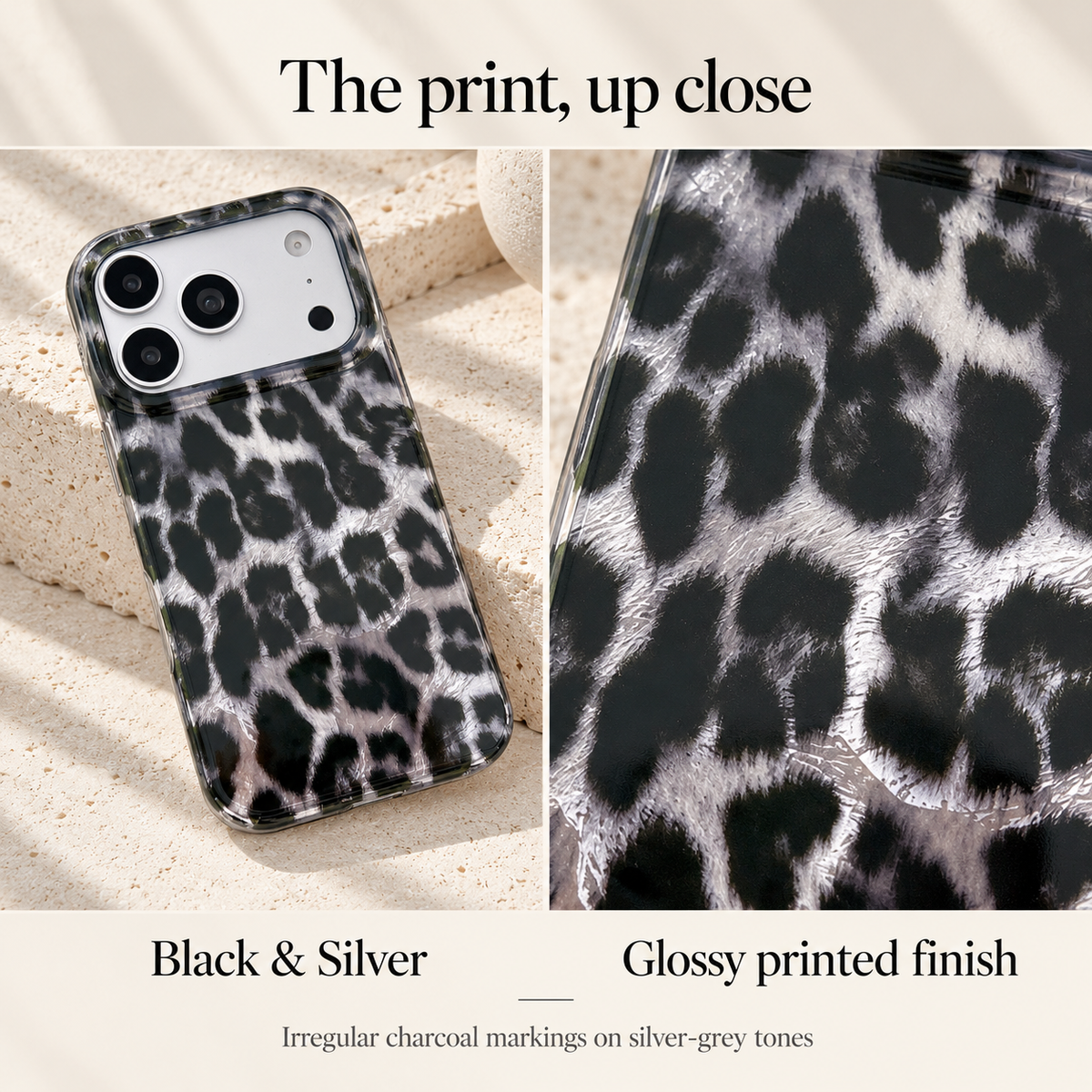 Split photographic panel showing the full black and silver leopard print case beside a large rectangular close-up of its glossy print.