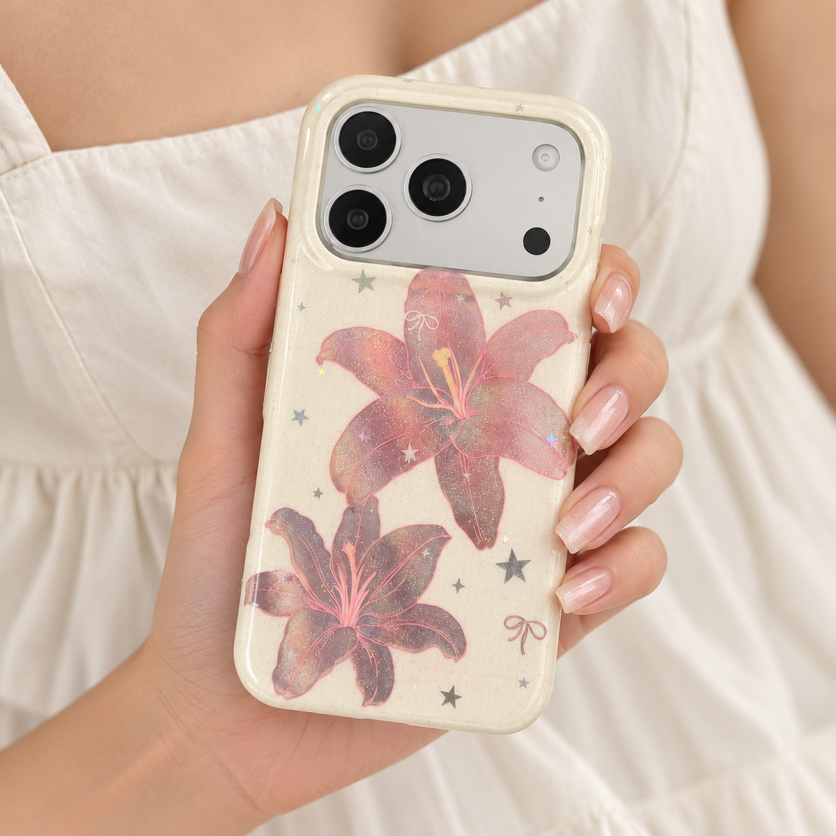 Blush Lily case held against a cream blouse with the full floral design visible.