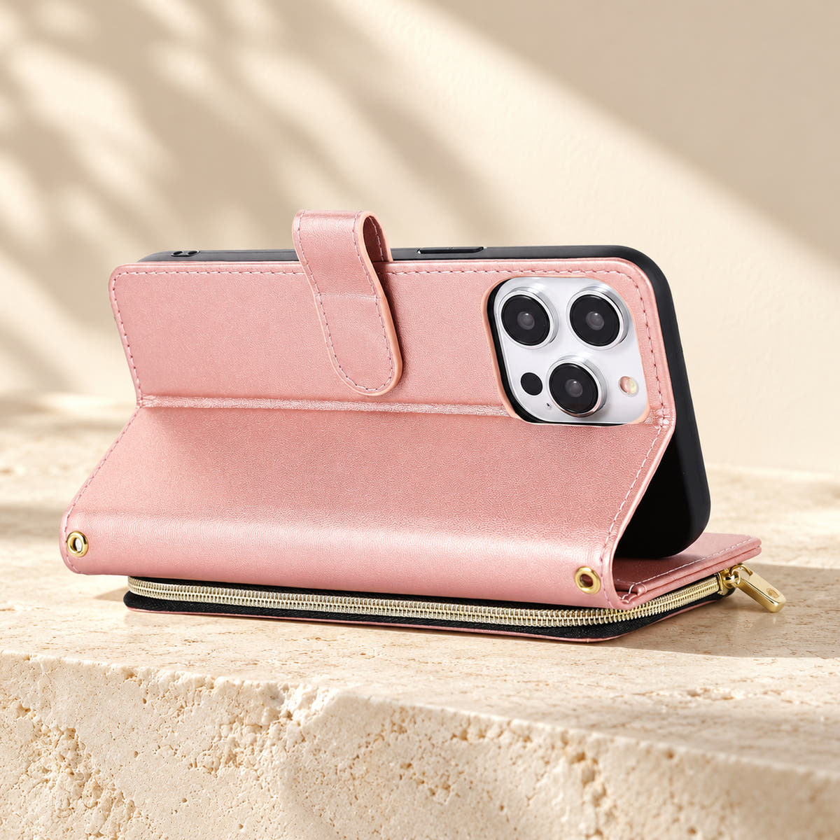 Pink padded zip folio folded into landscape viewing position