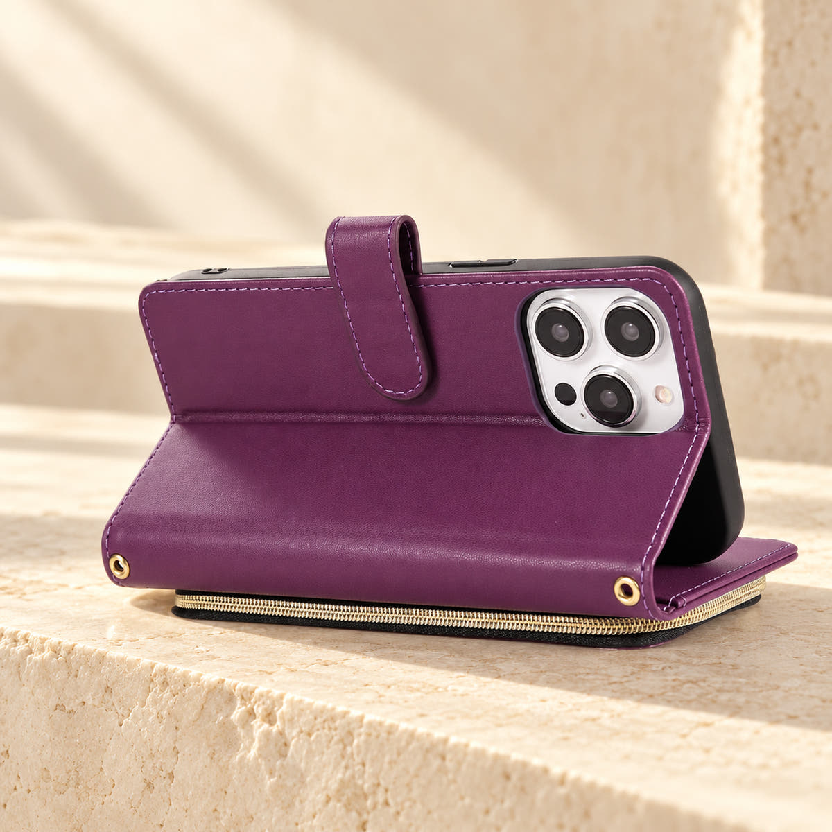 Purple padded zip folio folded into landscape viewing position