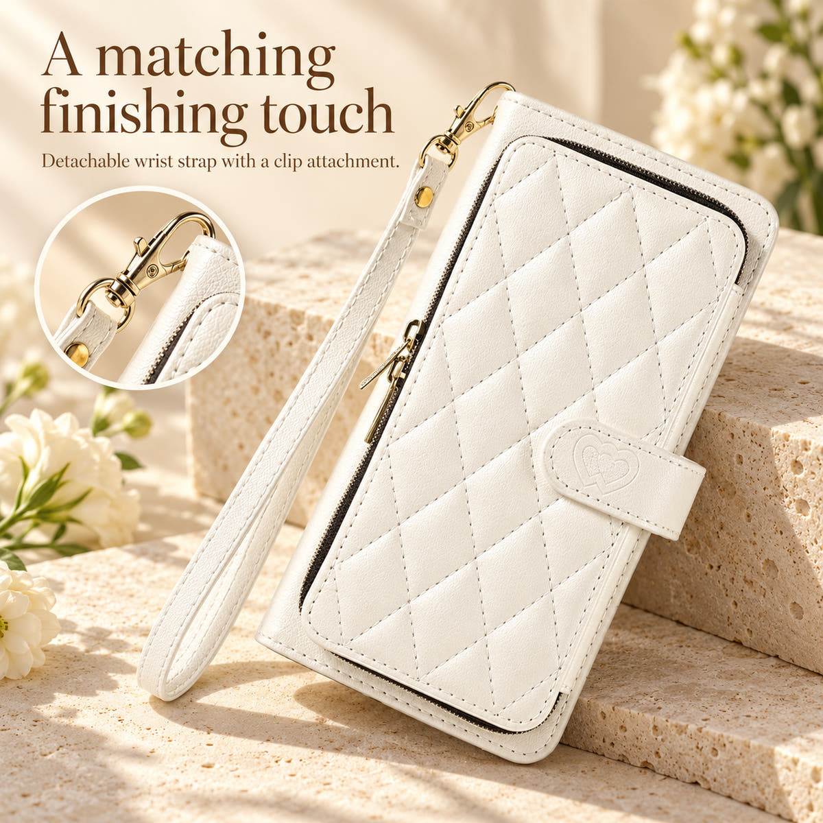 White padded zip wallet feature panel with detachable wrist strap and clip attachment