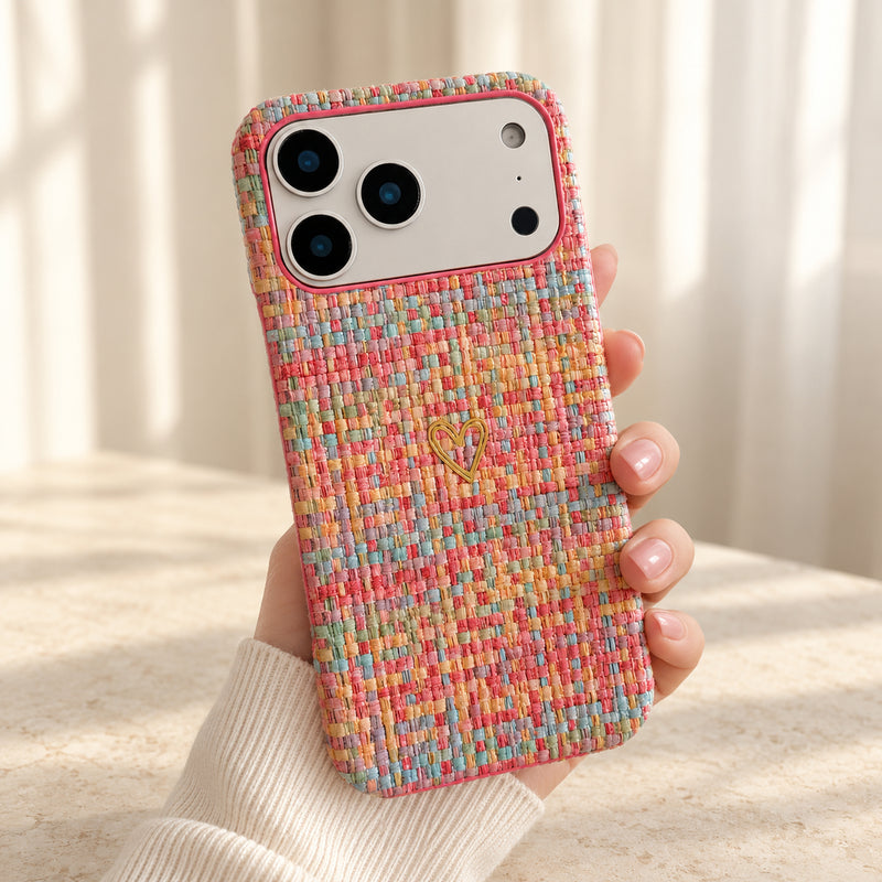 Pastel Woven Heart iPhone case in Rainbow — hero showing woven fabric and gold heart