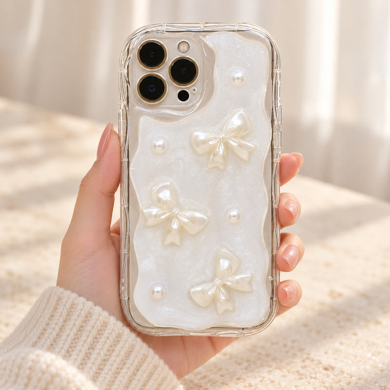 Pearls & Bows iPhone case in White, held upright.
