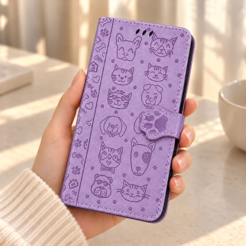Lavender Pet Face wallet phone case with embossed cats and dogs and a paw-shaped closure, held in one hand.