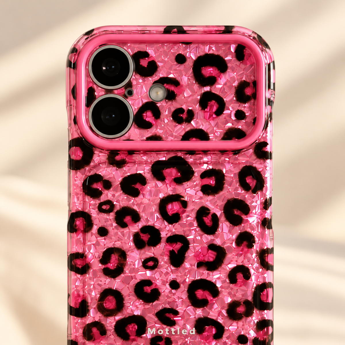 Glitter Leopard iPhone Case in Pink — decorated camera surround detail