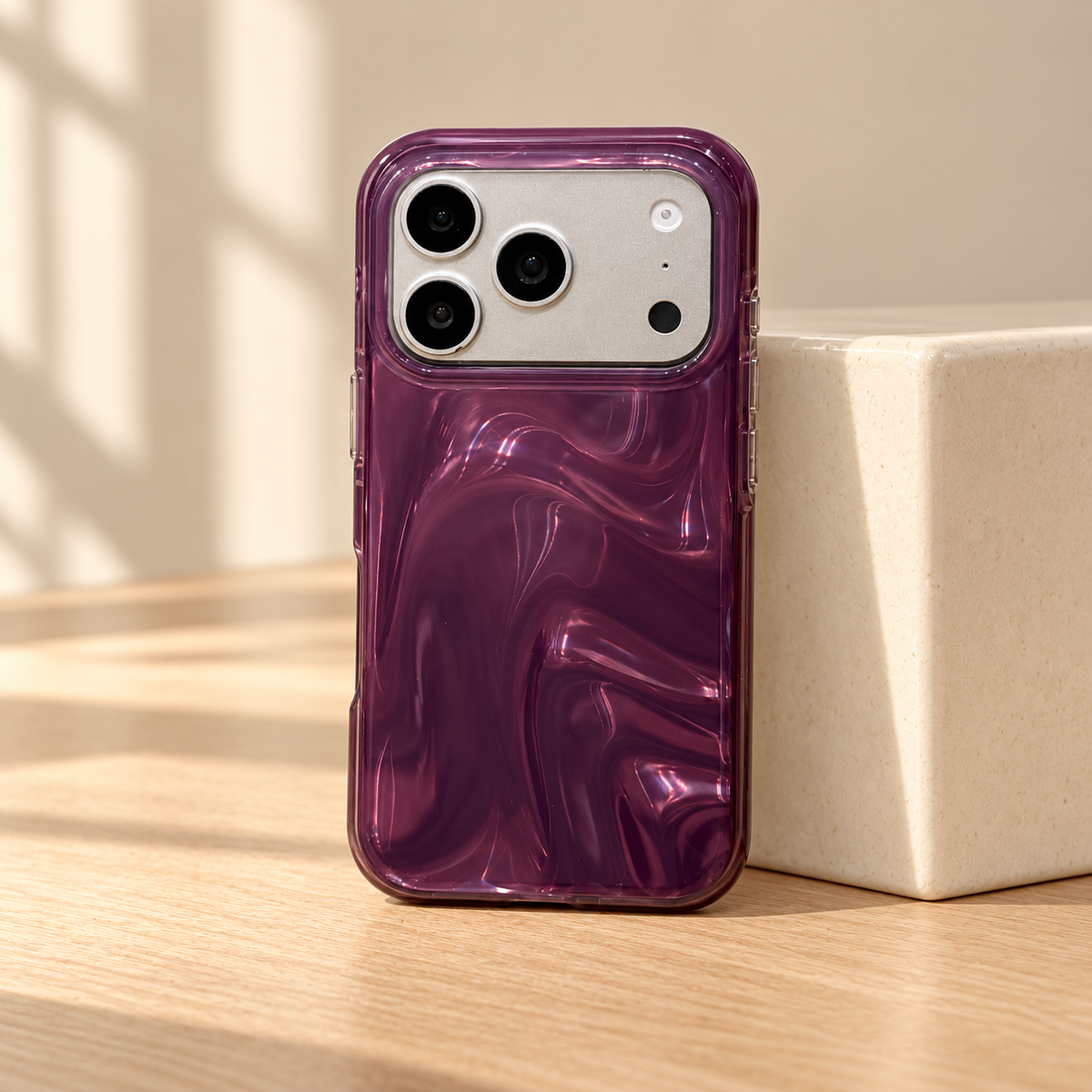 Plum Swirl Glossy iPhone Case — Plum, desk upright