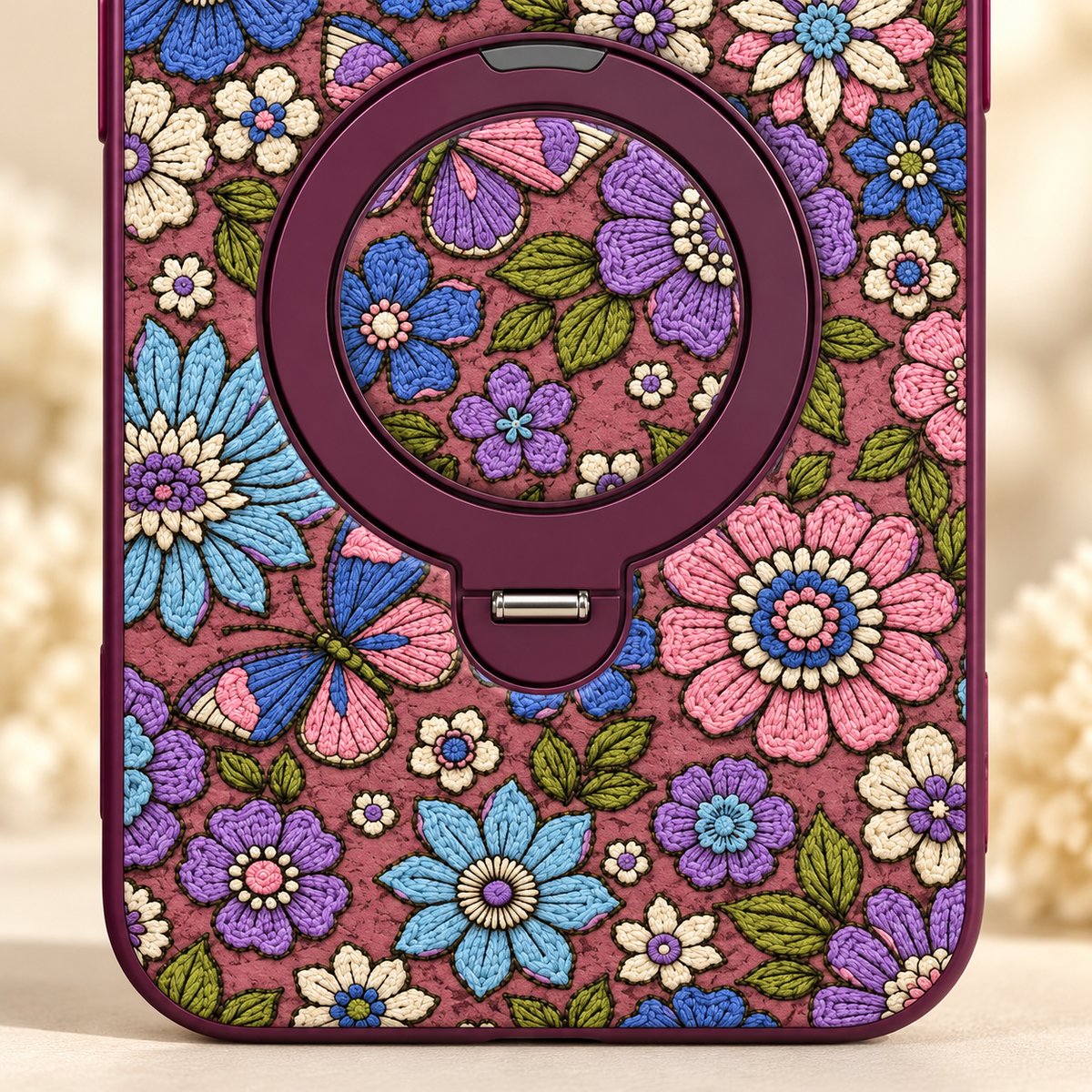 Plum Floral iPhone Case with Folding Ring Stand — lower floral artwork close-up
