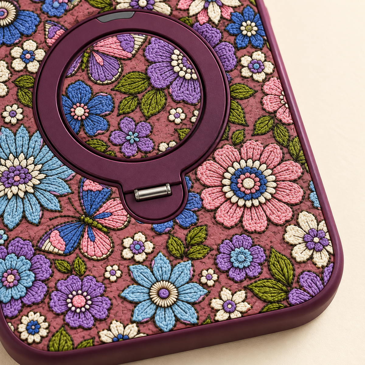 Plum Floral iPhone Case with Folding Ring Stand — lower corner and plum border detail