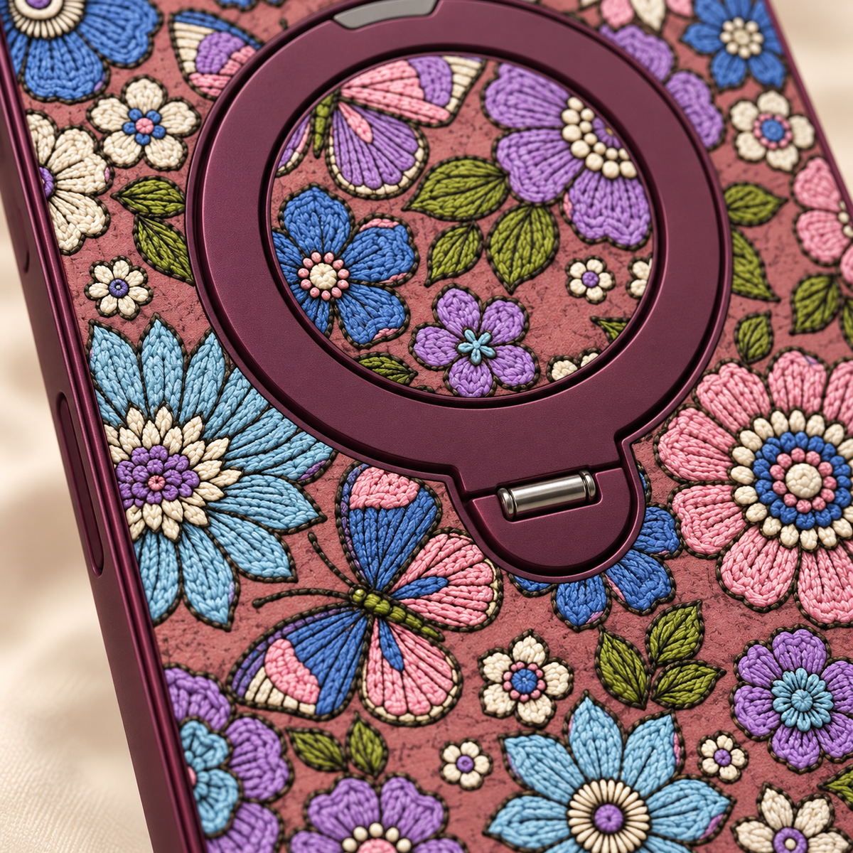 Plum Floral iPhone Case with Folding Ring Stand — pink and blue butterfly detail