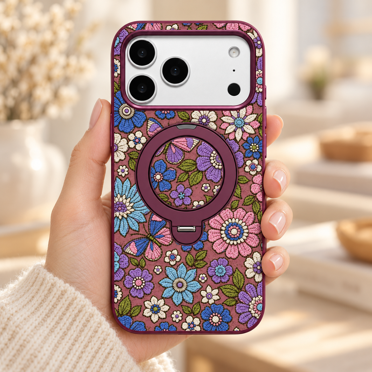 Plum Floral iPhone Case with Folding Ring Stand — handheld view with ring folded