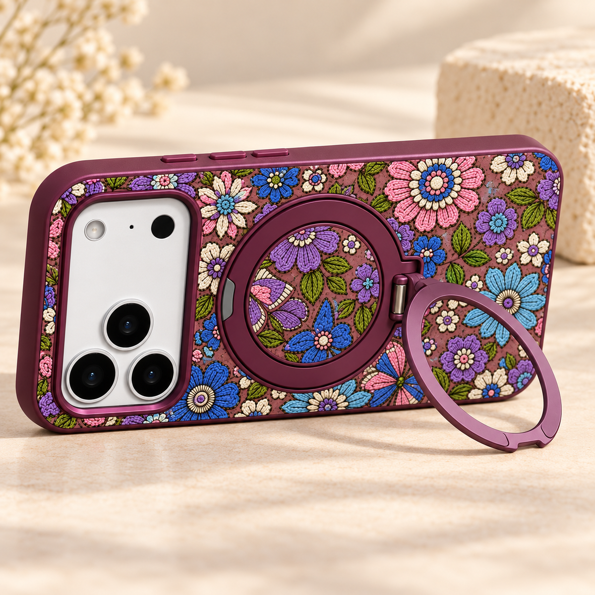 Plum Floral iPhone Case with Folding Ring Stand — landscape viewing position with ring stand