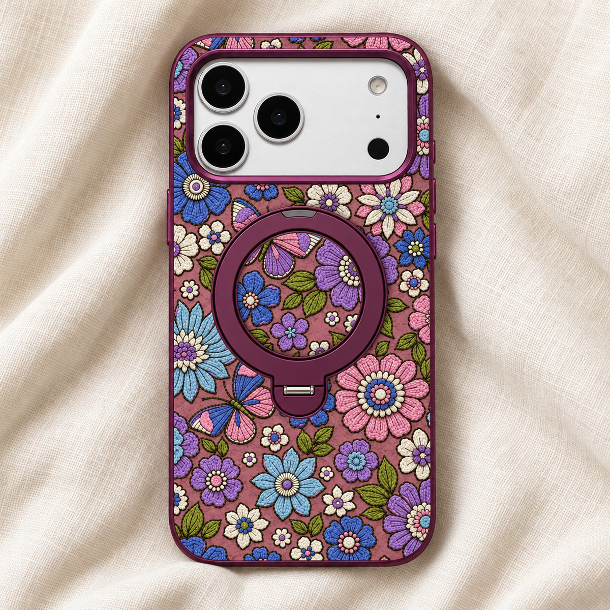 Plum Floral iPhone Case with Folding Ring Stand — portrait view on ivory linen