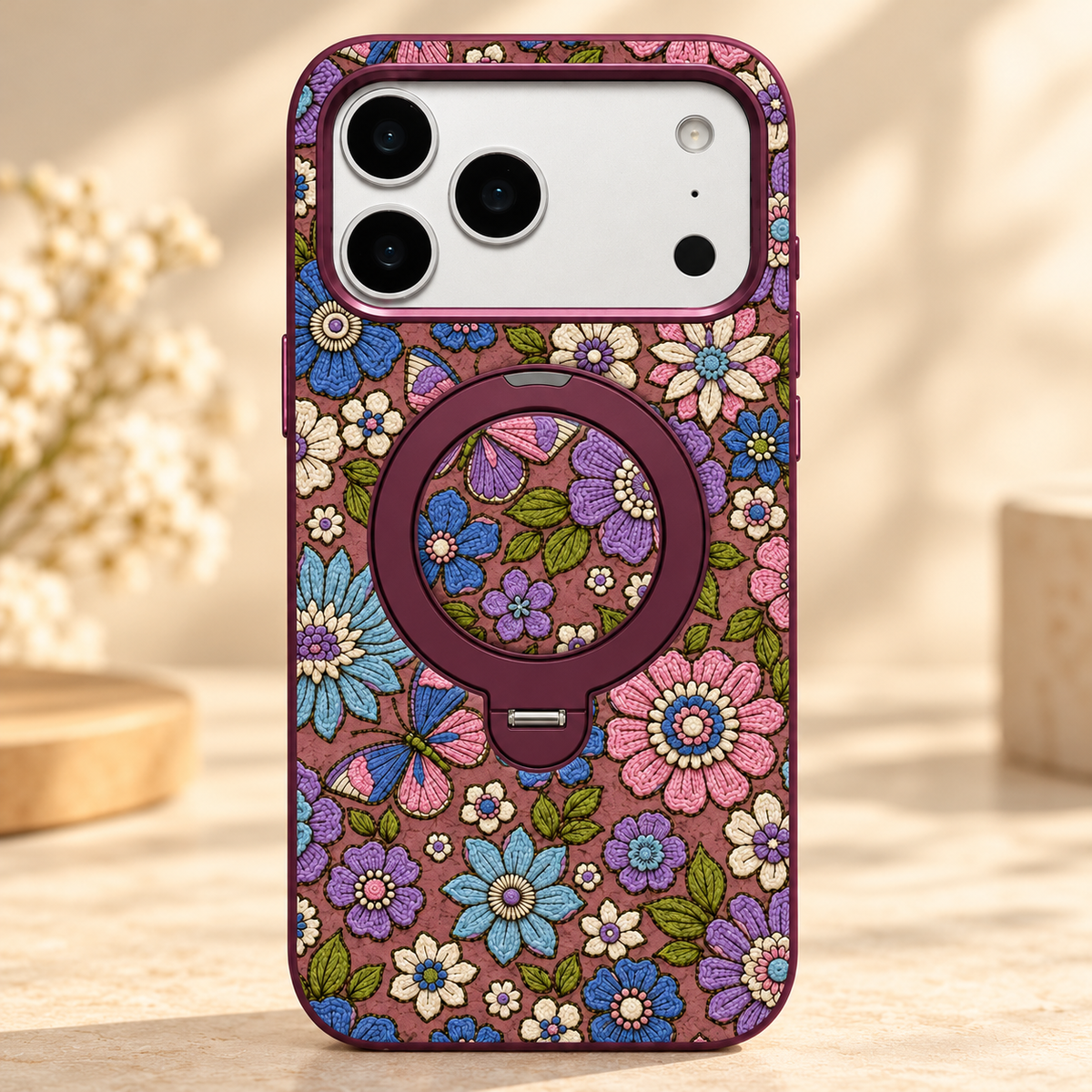 Plum Floral iPhone Case with Folding Ring Stand — full rear view showing the closed circular ring