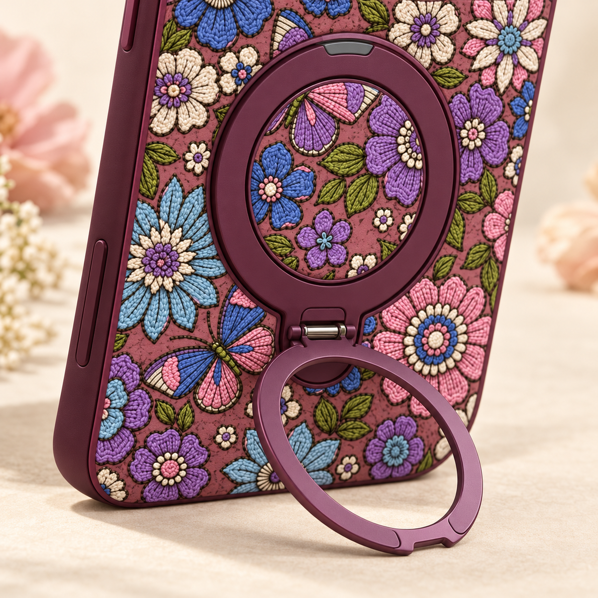 Plum Floral iPhone Case with Folding Ring Stand — close view of the open folding loop