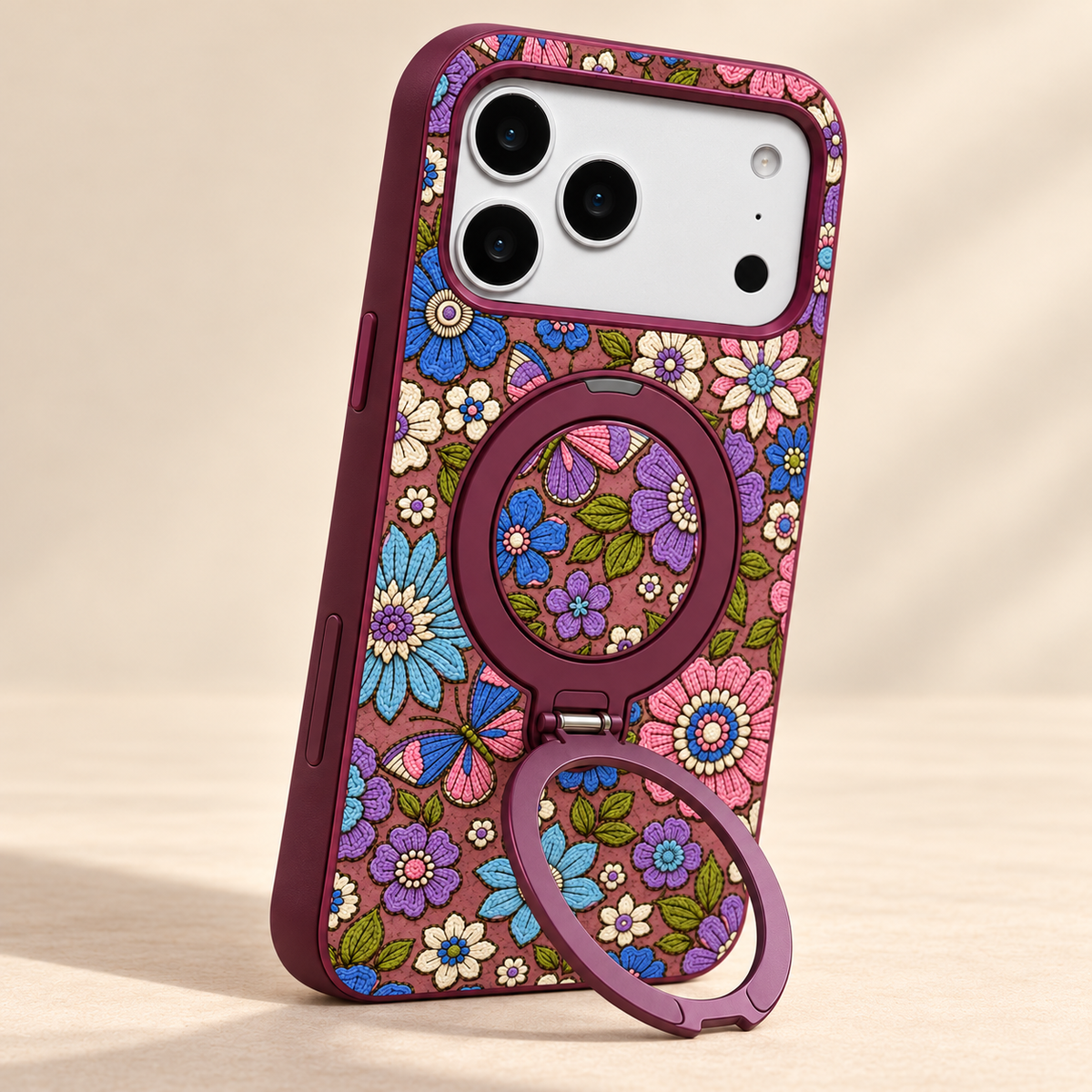 Plum Floral iPhone Case with Folding Ring Stand — open ring supporting portrait viewing