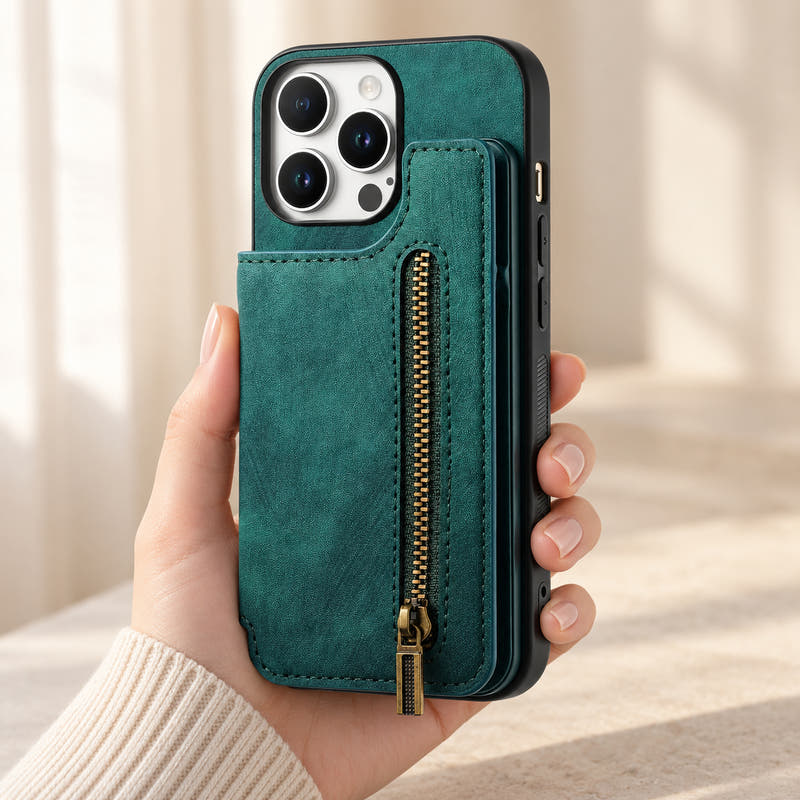Forest Green Prestige Zip iPhone wallet case held in hand, showing the closed rear wallet, zip pocket, camera opening and black side shell