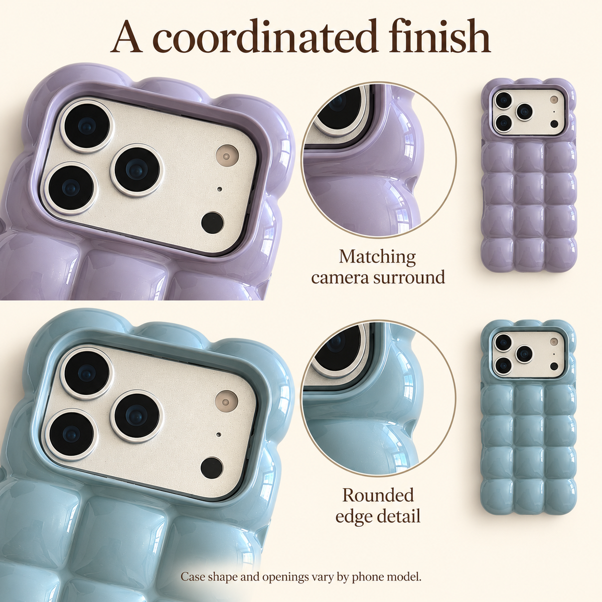 Lavender and Sky Blue puffy grid case close-ups showing the coordinated rectangular camera surround.
