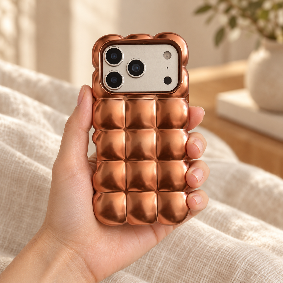 Copper puffy grid iPhone case with rounded-square back and scalloped edges — held upright in one hand.