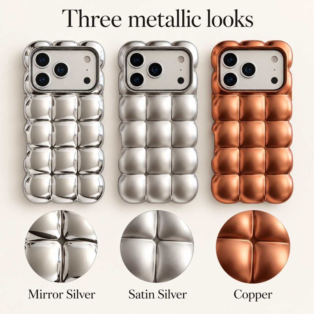Mirror Silver, Satin Silver and Copper puffy grid cases compared in a finish detail panel.