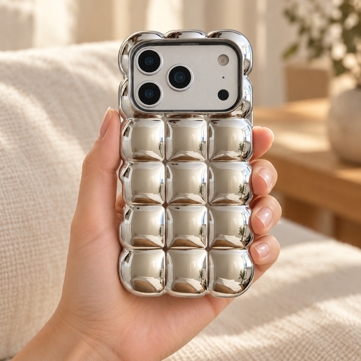 Mirror Silver puffy grid iPhone case with rounded-square back and scalloped edges — held upright in one hand.