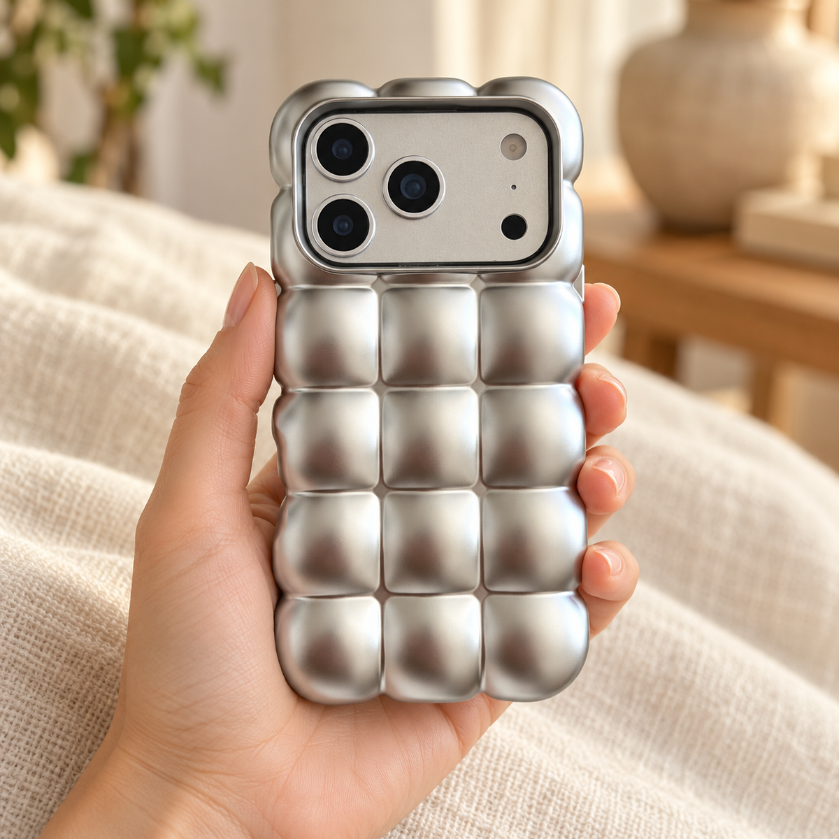 Satin Silver puffy grid iPhone case with rounded-square back and scalloped edges — held upright in one hand.