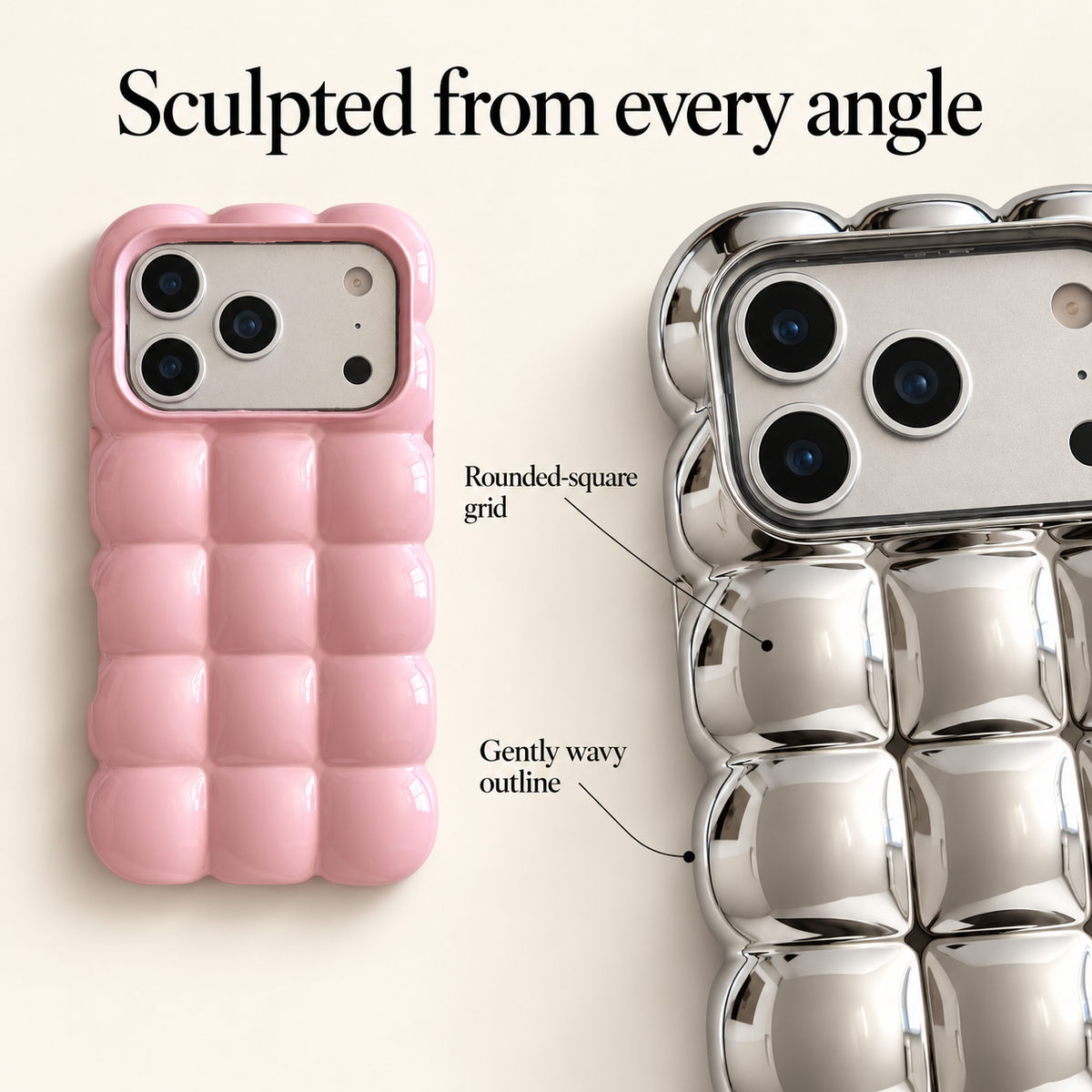 Puffy grid iPhone case design panel showing rounded-square sculpting and the gently wavy outline.