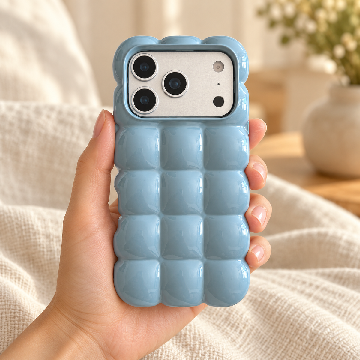 Sky Blue puffy grid iPhone case with rounded-square back and scalloped edges — held upright in one hand.