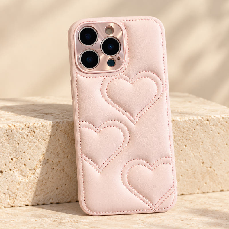 Pink puffy heart iPhone case with three stitched hearts on an ivory limestone backdrop