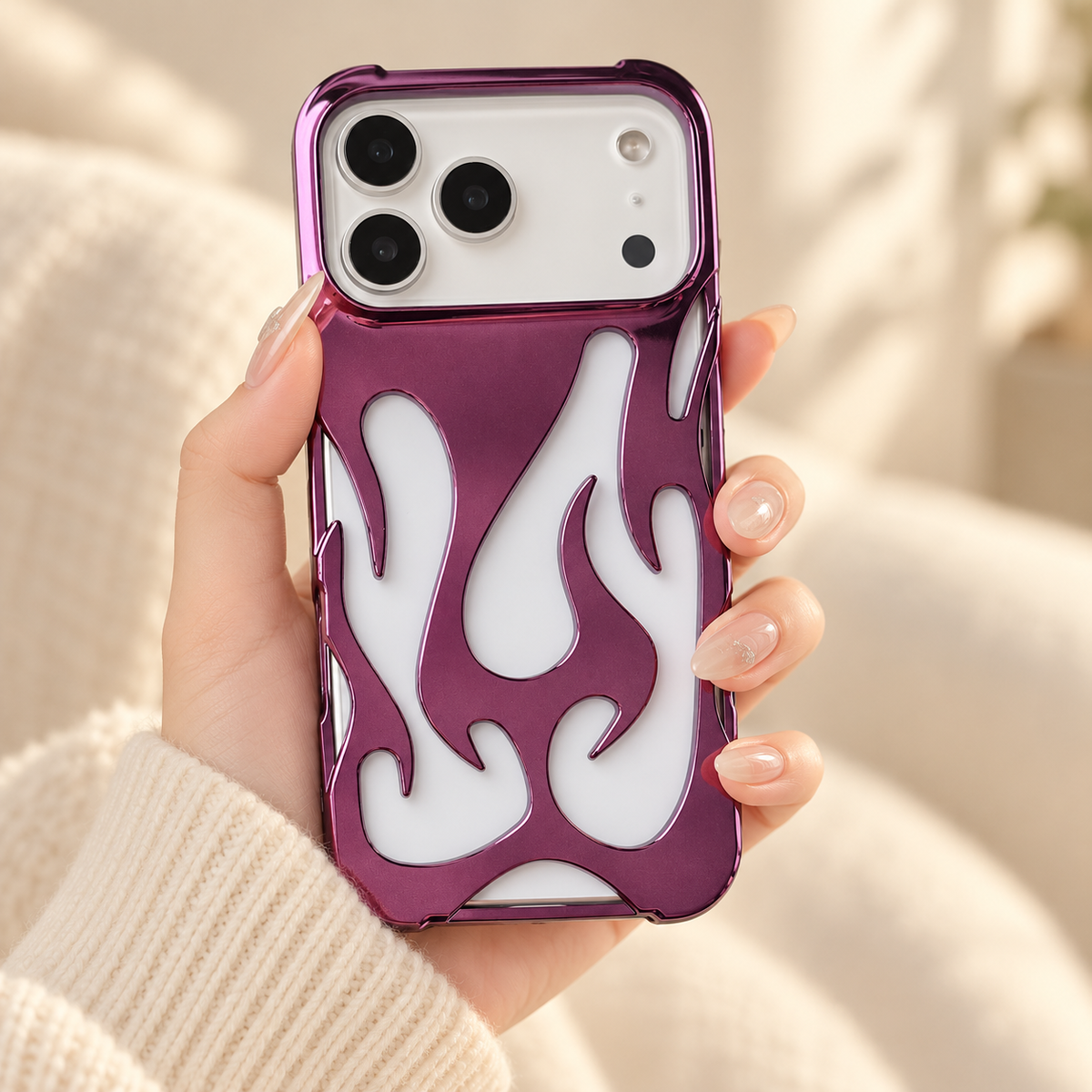 Flame Contrast iPhone Case in Metallic and Black Finishes — Purple, handheld