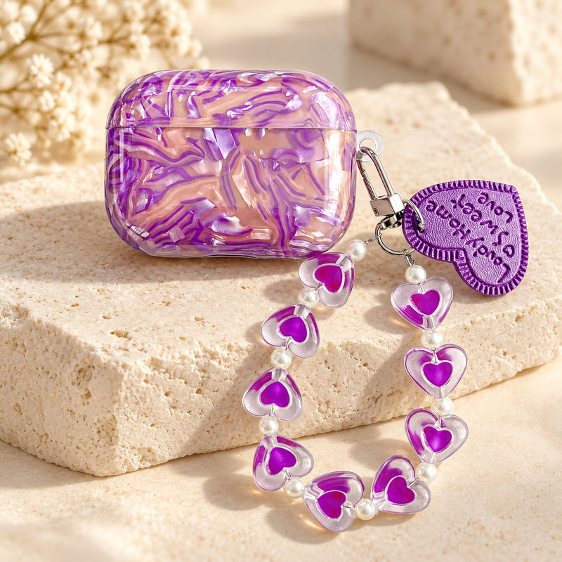 Purple Sapphire marble-effect AirPods case with heart-bead strap and purple heart charm