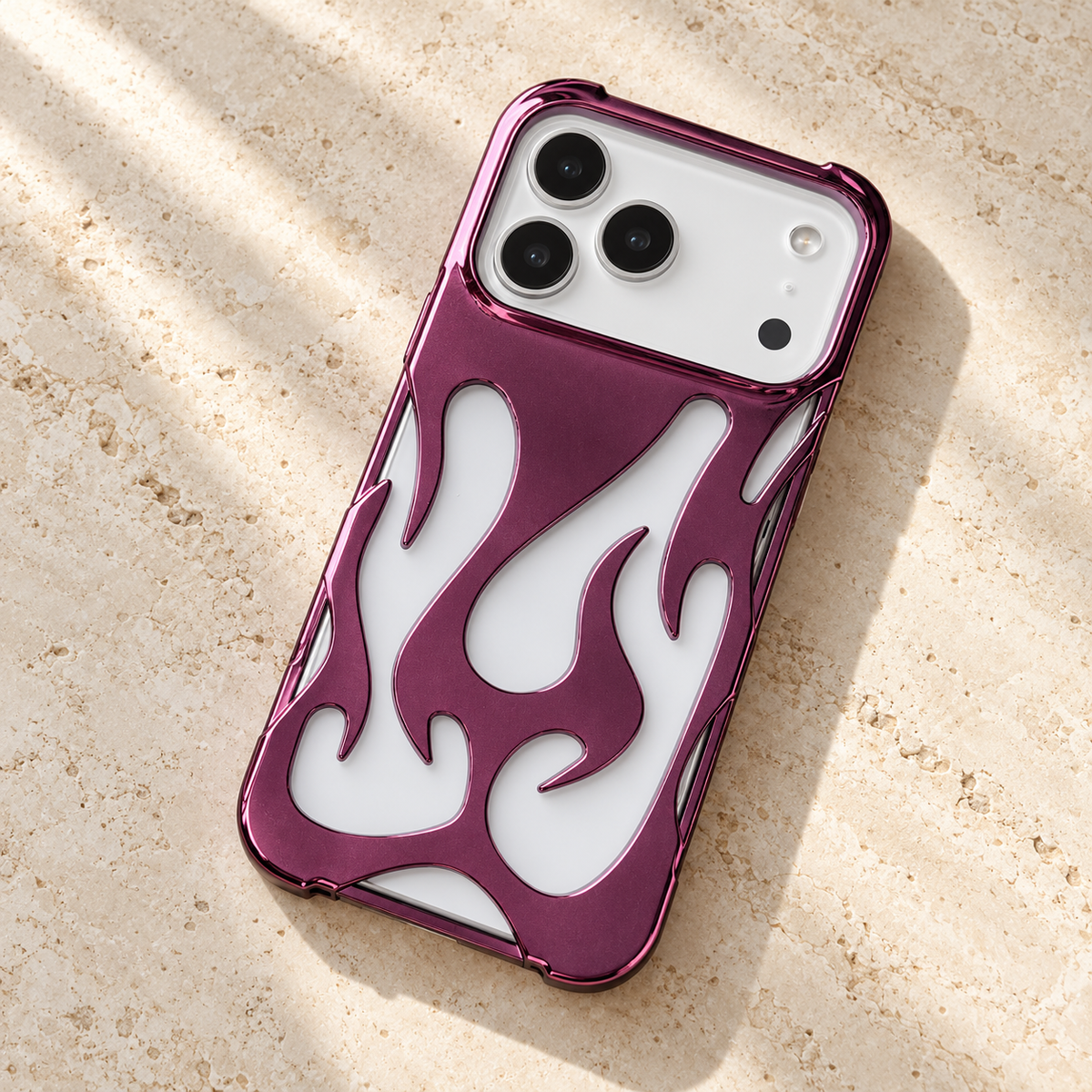 Flame Contrast iPhone Case in Metallic and Black Finishes — Purple, tabletop
