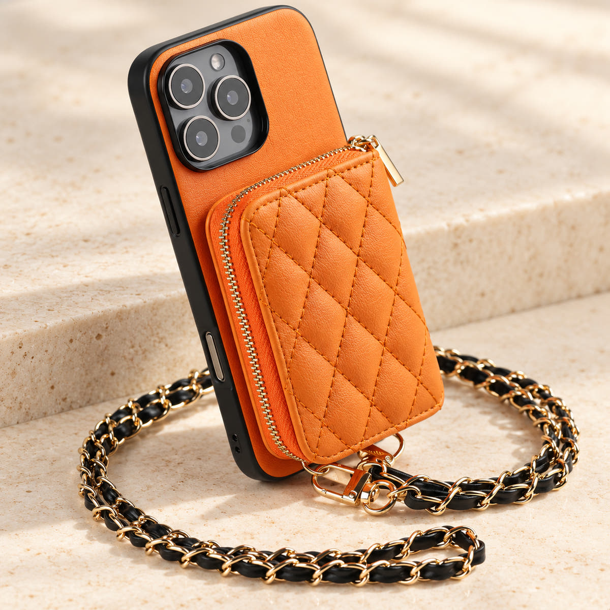 Orange quilted iPhone wallet case — diamond quilting, stitching and gold zip detail