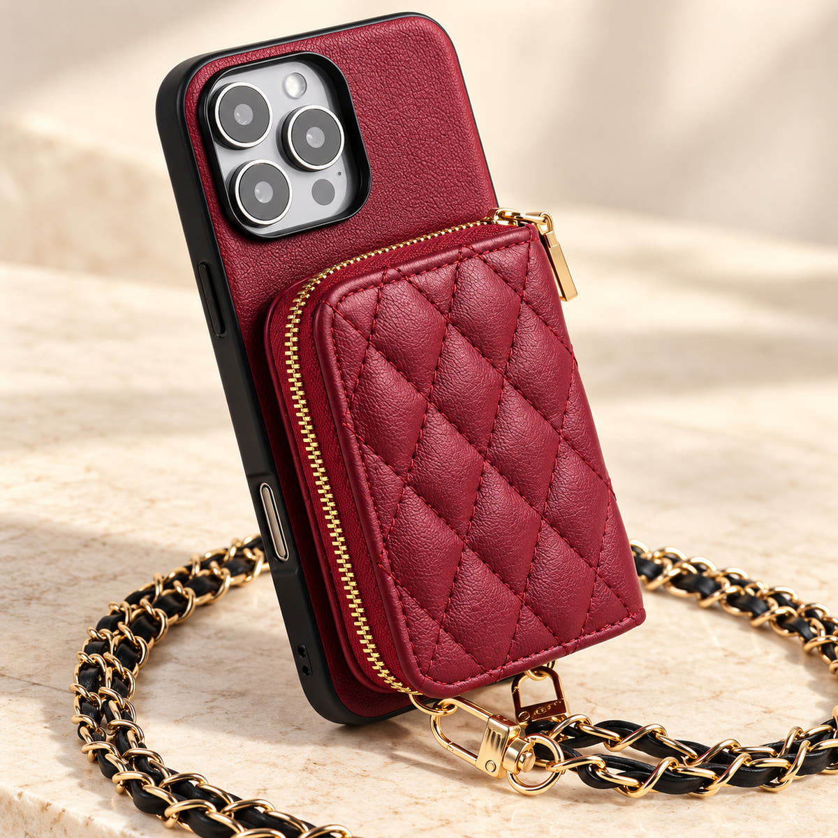 Red quilted iPhone wallet case — diamond quilting, stitching and gold zip detail